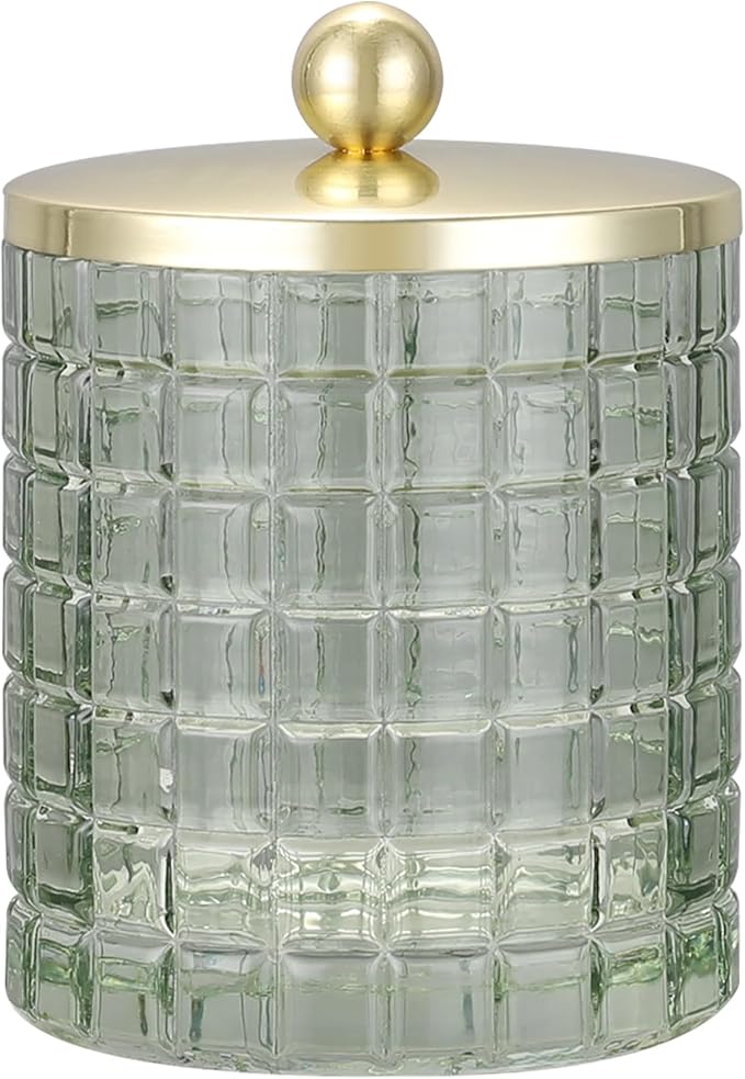 Glass Jar with Metal Lid for Bathroom Organization, Clear Apothecary Jar for Cotton Balls, Q Tips, and Small Accessories, Stylish Bathroom Storage Container Sage Green, Gold