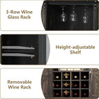 55 Inch Farmhouse Coffee Bar Cabinet with 3-Tier Storage, Kitchen Hutch with12 Wine Racks & 3 Glass Holders, Coffee Bar with 6 Hooks, Wine Bar Cabinet for Dining Living Room, Oak