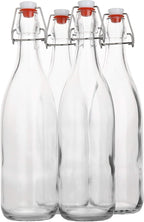 AYL Flip Top Glass Bottle [1 Liter / 33 fl. oz.] [Pack of 4] – Swing Brewing Bottle with Stopper for Beverages, Oil, Vinegar, Kombucha, Water, Soda, Kefir – Airtight Lid & Leak Proof Cap – Clear