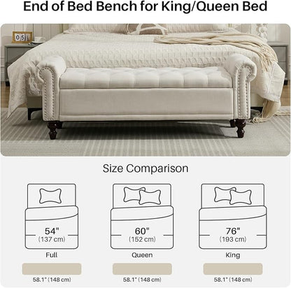 SOFTHION 58.1" Storage Bench Upholstered Linen End of Bedroom Bed Bench Ottoman - Image 5