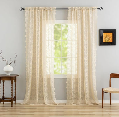 YJ YANJUN Vintage Lace Curtains 102 Inch Long-Victorian Floral Pattern Beige by YJYANJUN
