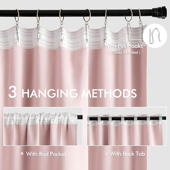 MIULEE Light Pink Back Tab Blackout Curtains 52x96 Inch Long 2 Panels Set | Rod - Image 3