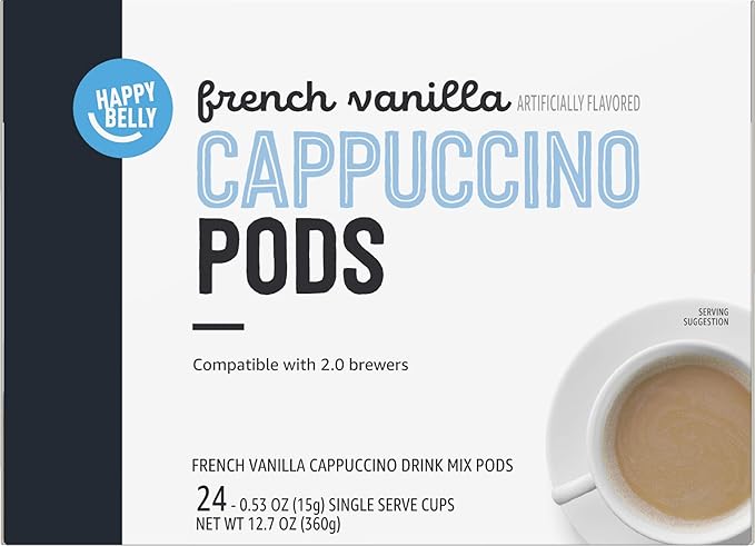 Amazon Brand - Happy Belly Cappuccino Coffee Pods Light Roast Compatible with 2.0 K-Cup Brewers, French Vanilla Flavored, 24 Count, 1.5 pound (Pack of 2)