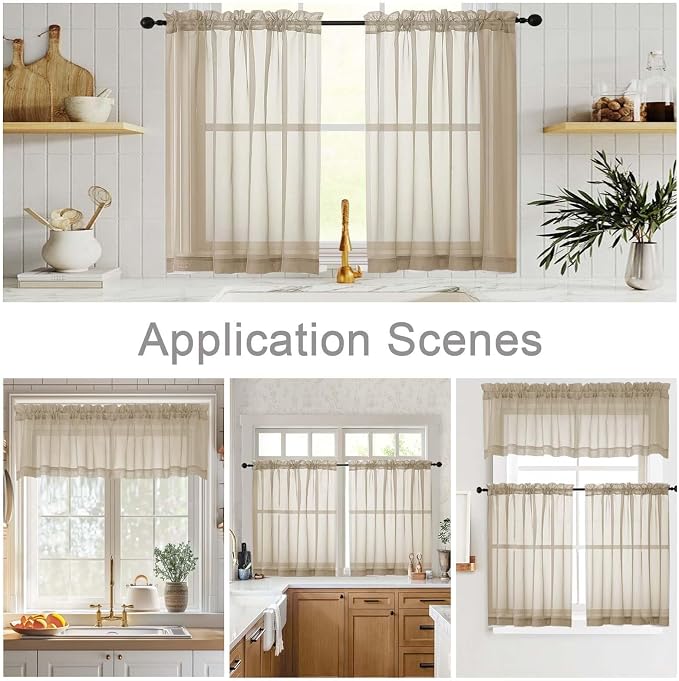 Kitchen Curtains 24 Inch Length Tier 2 Pieces, Taupe Sheer Curtain Solid Soft - Image 6