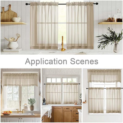 Kitchen Curtains 24 Inch Length Tier 2 Pieces, Taupe Sheer Curtain Solid Soft - Image 6