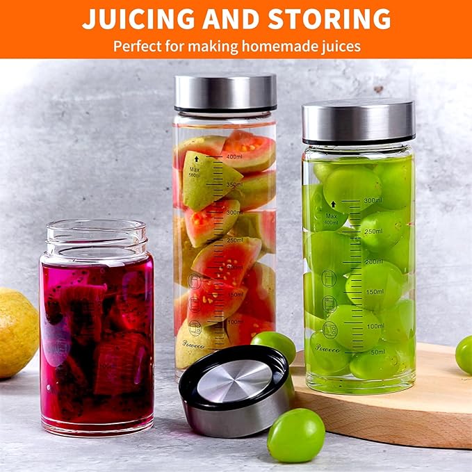 Glass Juice Bottles 4 Pack 16 oz - Wide Mouth Glass Water Bottles with Lids - for Juicing, Protein, Smoothie, Milk, Reusable, BPA Free, Stainless Steel Lids, Blender, Shaker Bottle (16oz/500ml)