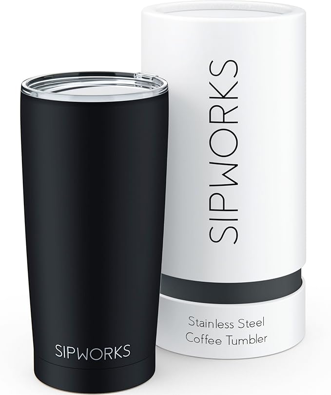 Stainless Steel Coffee Tumblers with Lids - 20z Double Walled Vacuum Insulated for Hot & Cold Drinks - Spill Resistant Travel Tumbler - Midnight Black