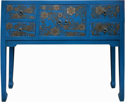 Blue Lacquer Golden Flower Graphic Drawers Slim Foyer Side Table Acs7732 by ORIENTLIVING