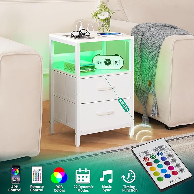 Yoobure Nightstand with Charging Station, LED Night Stand with Fabric Drawers - Image 5