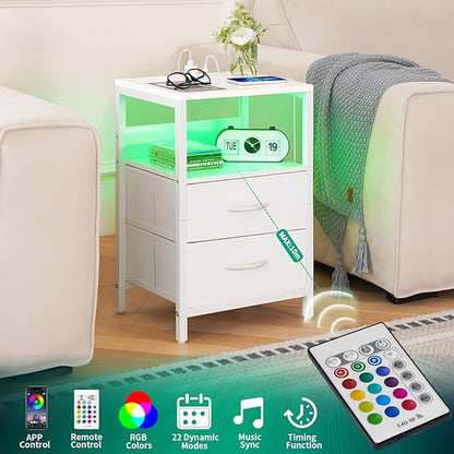 Yoobure Nightstand with Charging Station, LED Night Stand with Fabric Drawers - Image 5
