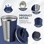 Volhoply 13 oz Stainless Steel Insulated Travel Coffee Mug with Fip Lid,Reusable Double Wall Vacuum Metal Coffee Cup,Portable to Go Leak Proof Cafe Thermal Tumbler for Hot & Cold Drinks(Navy,1)