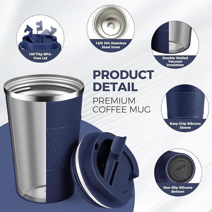 Volhoply 13 oz Stainless Steel Insulated Travel Coffee Mug with Fip Lid,Reusable Double Wall Vacuum Metal Coffee Cup,Portable to Go Leak Proof Cafe Thermal Tumbler for Hot & Cold Drinks(Navy,1)