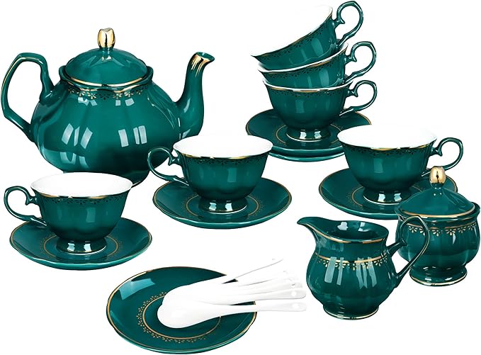 fanquare 21 Piece Vintage Porcelain Tea Set, Green with Gold Trim Fine China Tea Sets for Party, Teapot with Tea Cup and Saucers Set for 6, Christmas Gifts