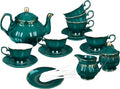 fanquare 21 Piece Vintage Porcelain Tea Set, Green with Gold Trim Fine China Tea Sets for Party, Teapot with Tea Cup and Saucers Set for 6, Christmas Gifts