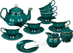 fanquare 21 Piece Vintage Porcelain Tea Set, Green with Gold Trim Fine China Tea Sets for Party, Teapot with Tea Cup and Saucers Set for 6, Christmas Gifts