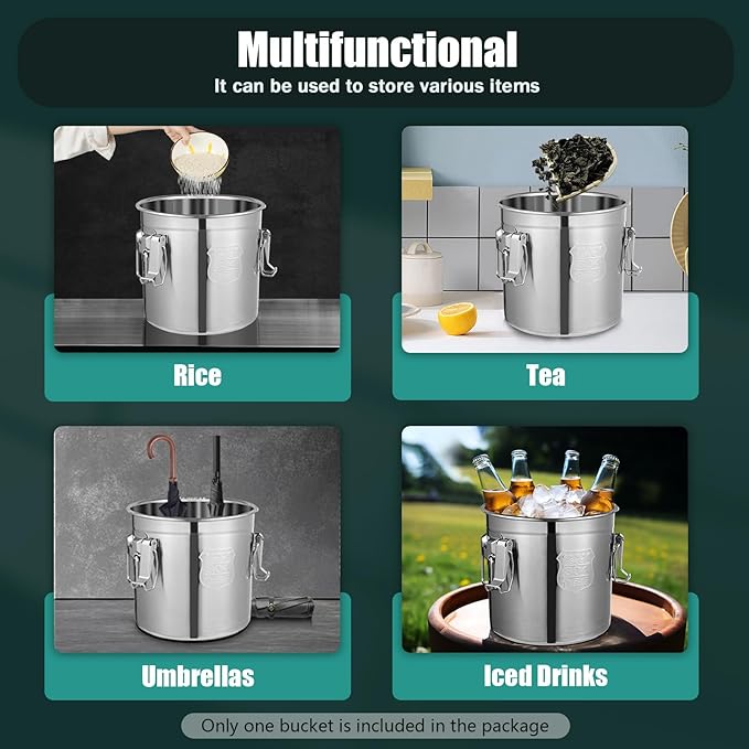 PERFERATE 304 Stainless Steel Airtight Canister 6L/12L Food Storage Bucket with Lids and Sturdy Locking Clamp Metal Cereal Rice Storage Container for Flour, Coffee Bean, Sugar, Cookie (6L)