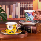 KAMMAK Tea Cups and Saucers Set of 2, Reinforced Porcelain Coffee Cups, 5.7-Ounce Stackable Espresso Mugs, Ceramic Demitasse for Coffee, Cappuccino, Latte, Americano, Tea, Coral + Bee Flower