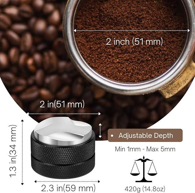 Flexzion Espresso Distribution Tool 51mm Coffee Leveler, Adjustable Depth and Universally Compatible Espresso Leveler for 51mm Portafilters and Espresso Machines