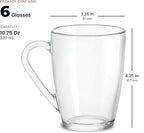 Bormioli Rocco Glass Coffee Mug Set, (6 Pack) 10¾ Ounce with Convenient Handle, Tea Glasses for Hot/Cold Beverages, Thermal Shock Resistant, Tempered Glass, for Cappuccino, Latte, Espresso, clear.