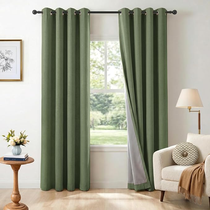 100% Blackout Linen Textured Curtains 90 Inch Long, Olive Green | 100% Blackout by 100BlackoutShield