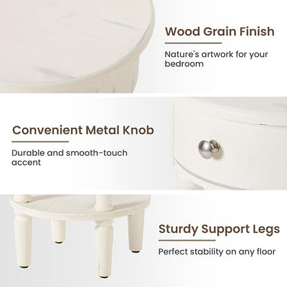 HOMPUS Round End Table with Drawer Set of 2, Rustic Framhouse Nightstand Set 2 - Image 7