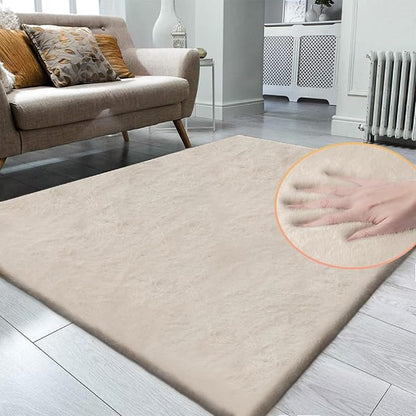 ORINOVA Beige Plush Faux Washable Rabbit Fur Area Rugs - Image 3