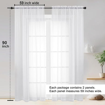 White Sheer Curtain 90 Inches Long 2 Panels Set, Solid Filmy Drapes - Image 2