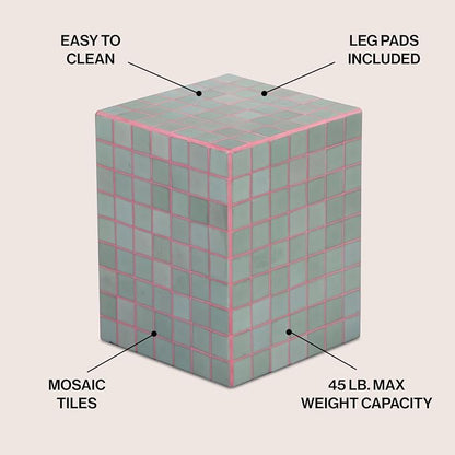JONATHAN Y Callista 18-Inch Sage Gray/Pink Modern Ceramic Tiled Cube Side Table - Image 3