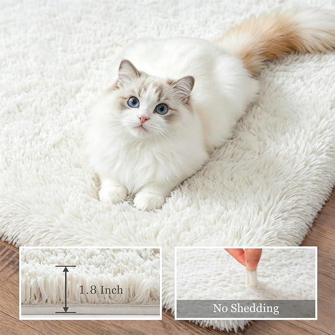 Area Rug Living Room Bedroom: 6x9 Fluffy Plush Shag Carpet Ivory | - Image 5