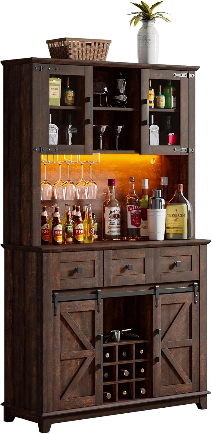 72" Coffee Bar Wine Cabinet with Sliding Barn Door & LED Lights, Sideboard Buffet Cabinet with Wine Bottle Rack, 3 Drawers, Storage Cabinets for Kitchen, Dining Room, Brown