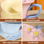 Floral Tea Cups and Saucers, Ceramic Cute Coffee Mug for Women Tea Party, Cappuccino Latte Milk (Blue)