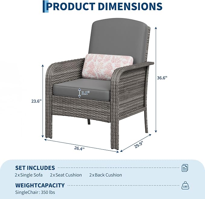 Garvee Outdoor Wicker Chairs, 2 Pieces Patio Furniture Set, All Weather High - Image 2