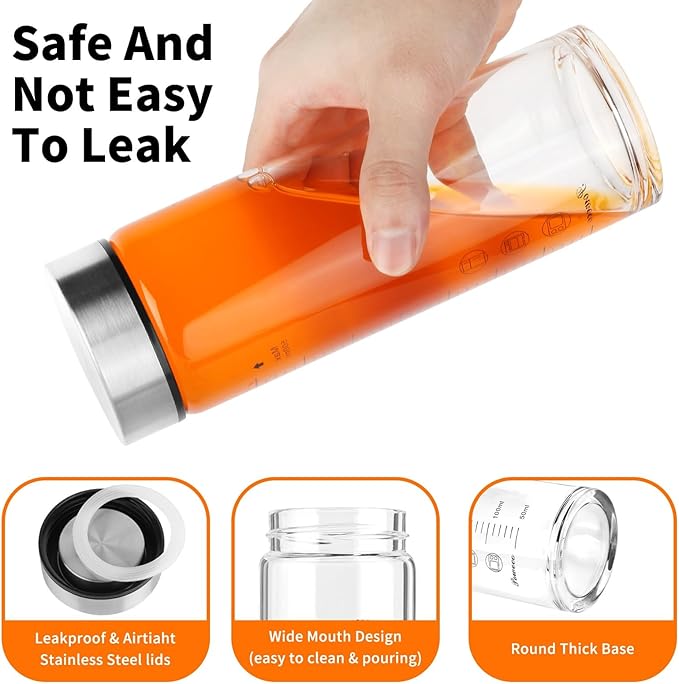 Glass Juice Bottles 4 Pack 10 oz - Wide Mouth Glass Water Bottles with Lids - for Juicing, Protein, Smoothie, Milk, Reusable, BPA Free, Stainless Steel Lids, Blender, Shaker Bottle (10oz/300ml)