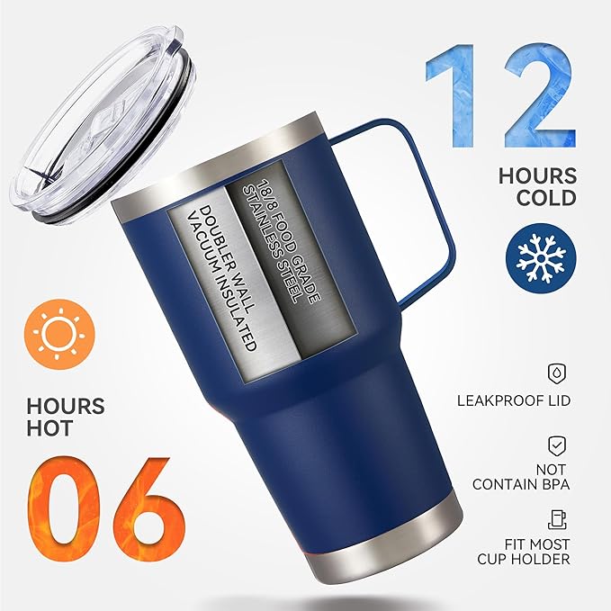 30 oz Tumbler with Handle and Lid, Stainless Steel Tumblers Bulk Double Wall Vacuum Insulated Travel Mug Leak Proof Cup Keep Drinks Cold and Hot Navy, 4 Pack