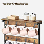 Coffee Mug Holder for Counter, 2 Tier Mug Tree Rack, with 8 Hook and 2 Open Shelves, Vintage Mug Holder Stand for Home Kitchen, Rustic Brown MH43BR