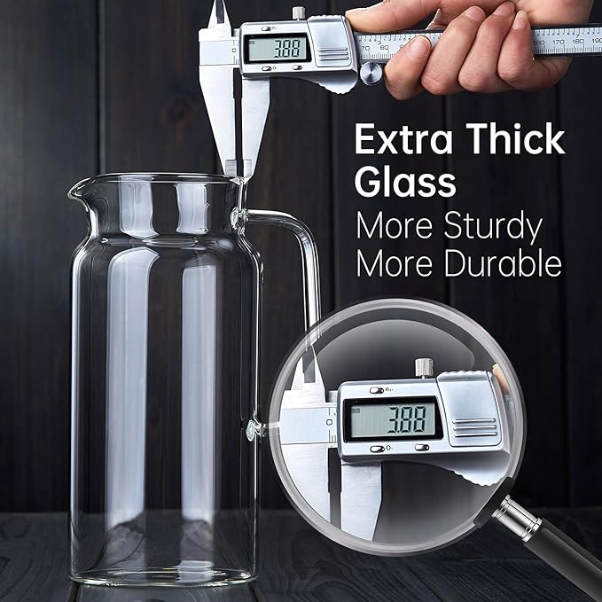 42OZ Glass Pitcher with Lid and Spout, Water Jug, 1250ml Carafe for Hot/Cold Water, Large Iced Tea Pitcher for Coffee, Juice and Homemade Beverage
