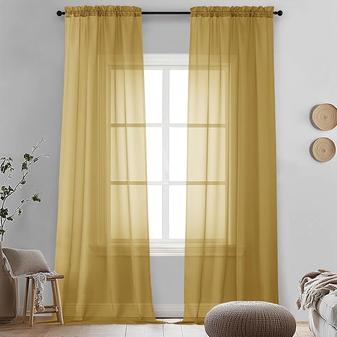Gold Sheer Curtains 96 Inches Long 2 Panels by OVZME