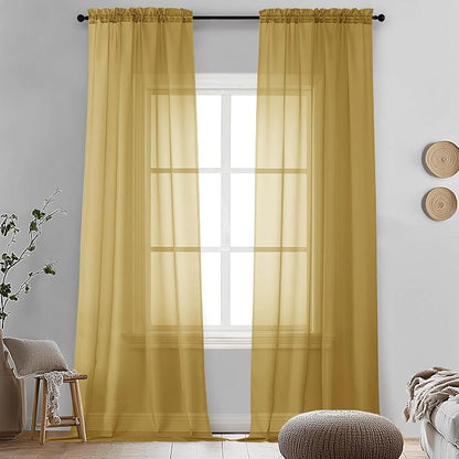 Gold Sheer Curtains 96 Inches Long 2 Panels by OVZME