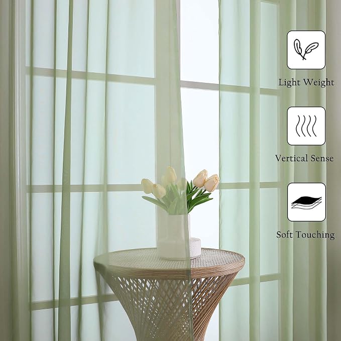Sage Green Sheer Curtains 63 Inch Length 2 Pcs, Dual Rod Pockets Light - Image 6