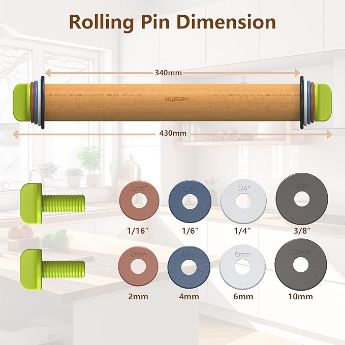Rolling Pin with Adjustable Thickness Ring and Silicone Baking Mat for Baking, Fondant,Pizza,Pie,Cookies,Pastries,13.6"Wooden Rolling Pin Dough Roller with 4 Multi-Color Thickness Rings