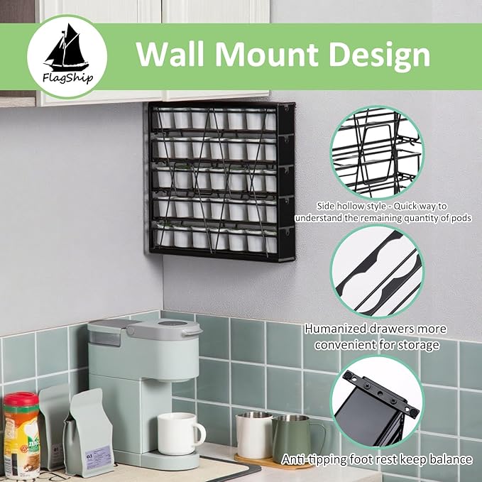 FlagShip 5-Tier Corner Coffee Pod Organizer for K Cup - 35 Capsules Metal Storage, Space-Saving Kitchen Countertop Rack Wall Mountable