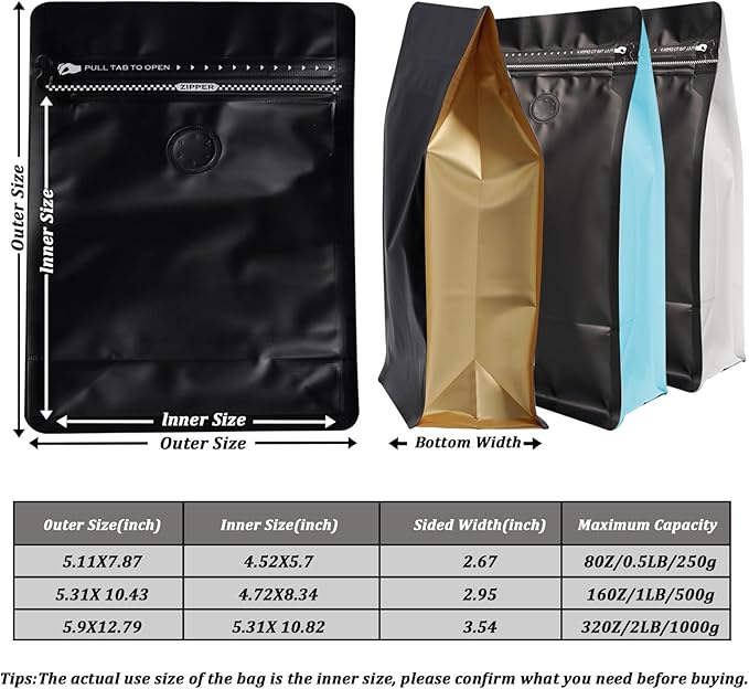 Coffee Bags with Valve (60 PCS,16oz/1lb) Black Side Color High Barrier Aluminum Foil Flat Bottom Standing Coffee Beans Storage Packaging Bags, Reusable Heat Seal Side Zipper Pouches for Small Busines