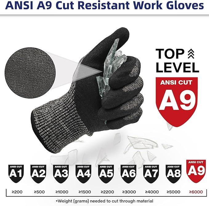 Schwer ProGuard Highest Level Cut Resistant Work Gloves PR3326 for Extreme Protection，ANSI A9 Cut Gloves with Reinforced Thumb, Non Slip, Non PFAS, Durable, Touch-screen, Black 2 Pairs（L）