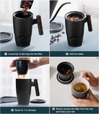 suyika Tomotime Ceramic Tea Cup with Infuser and Lid Tea Mugs Wooden Handle 400ml/13.5oz Black