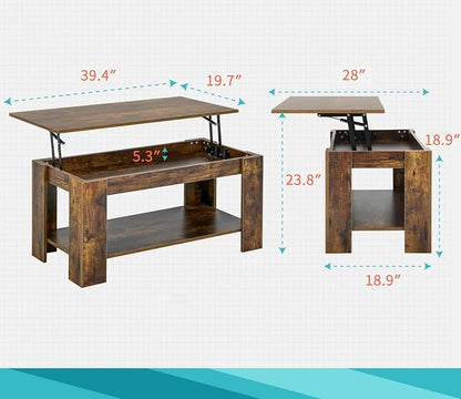 FDW Lift Top Coffee Table with Hidden Compartment and Storage Shelf Wooden Lift - Image 3