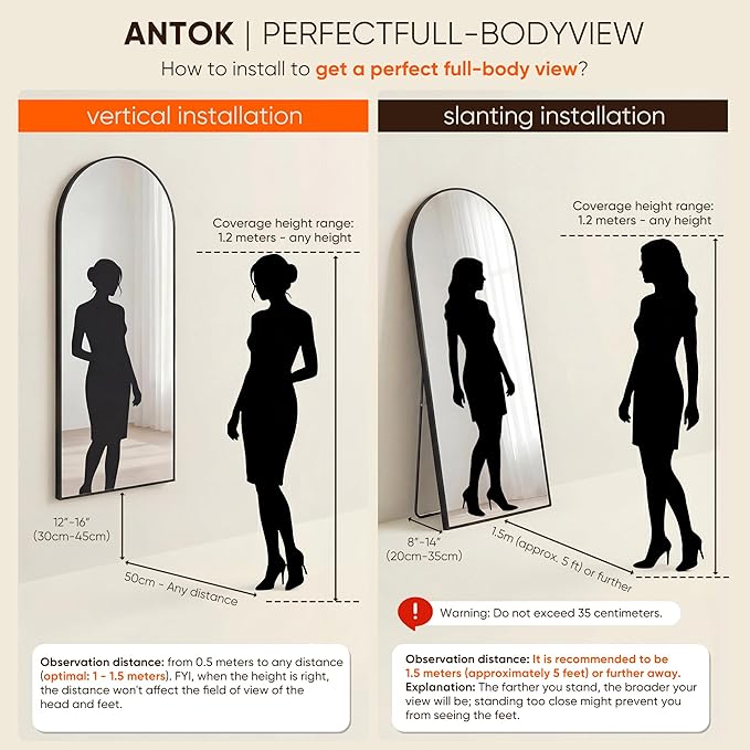 Antok 64" x21” Arched Full Length Floor Mirror, Free Standing/Wall Mount/Leaning - Image 9