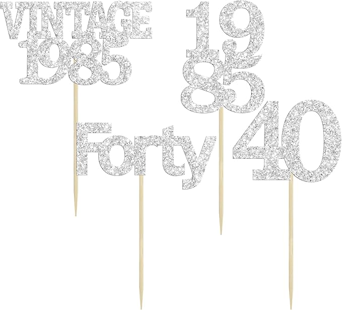 Gyufise 24Pcs Happy 40th Birthday Cupcake Toppers Glitter Forty 40 Fabulous Vintage 1985 Cake Toppers for 40th Birthday Wedding Anniversary Party Cake Decorations Supplies Silver