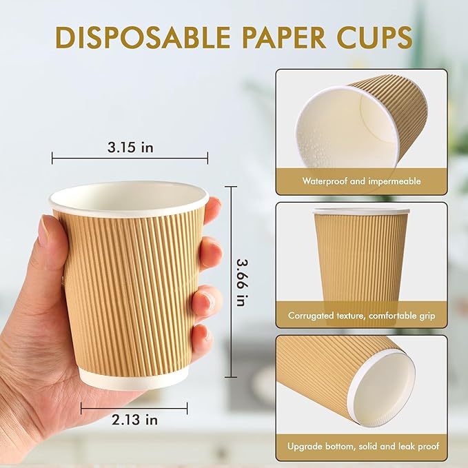 500 Pack 8 oz Paper Coffee Cups, Ripple Insulated Paper Cups, Hot Water Cups for Home, Office, Hotel, Meetings, Parties