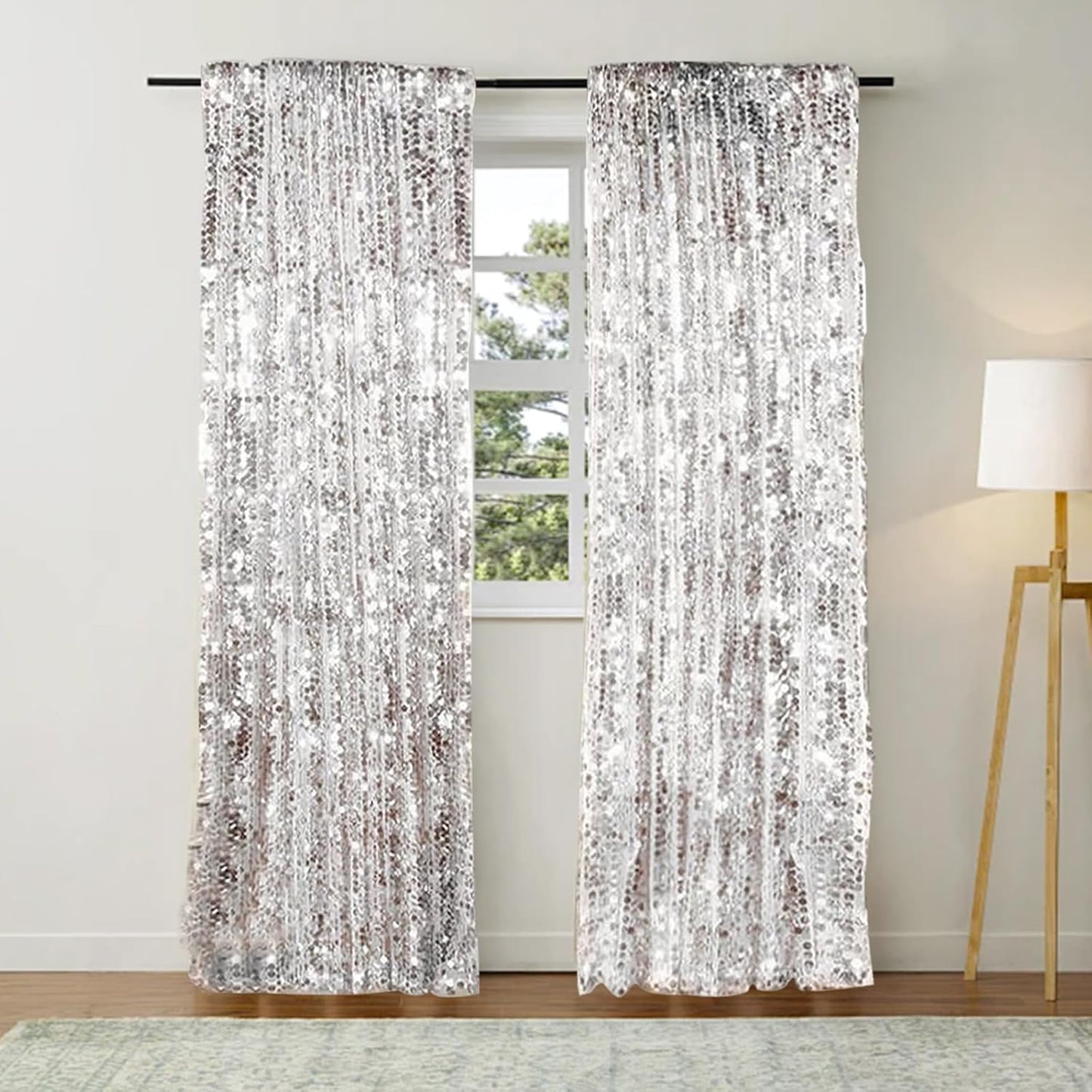 9FTx9FT Silver Big Sequin Backdrop Curtains Panels Drapes Home Party Supplies Sequin Background for Parties Shimmer Wall Backdrop Cloth and Thanksgiving Christmas