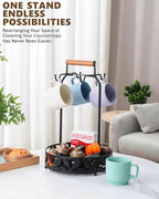 Mug Holder for Countertop, 2-in-1 Mug Tree for Large Mugs & Coffee Cup Stand with Storage Basket - Mug Rack & Organizer for Coffee Bar Accessories